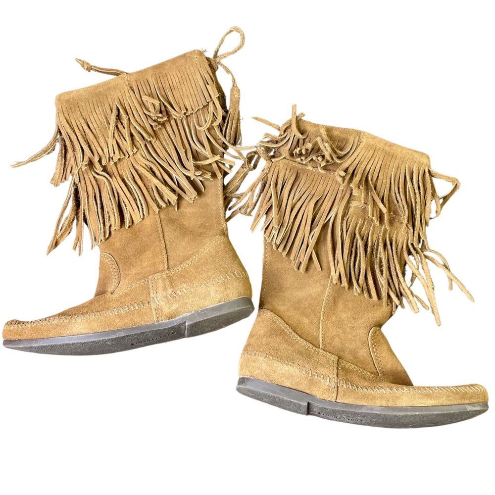 Minnetonka 1688 Big Girl 6 Leather Boots Fringe Tan Brown